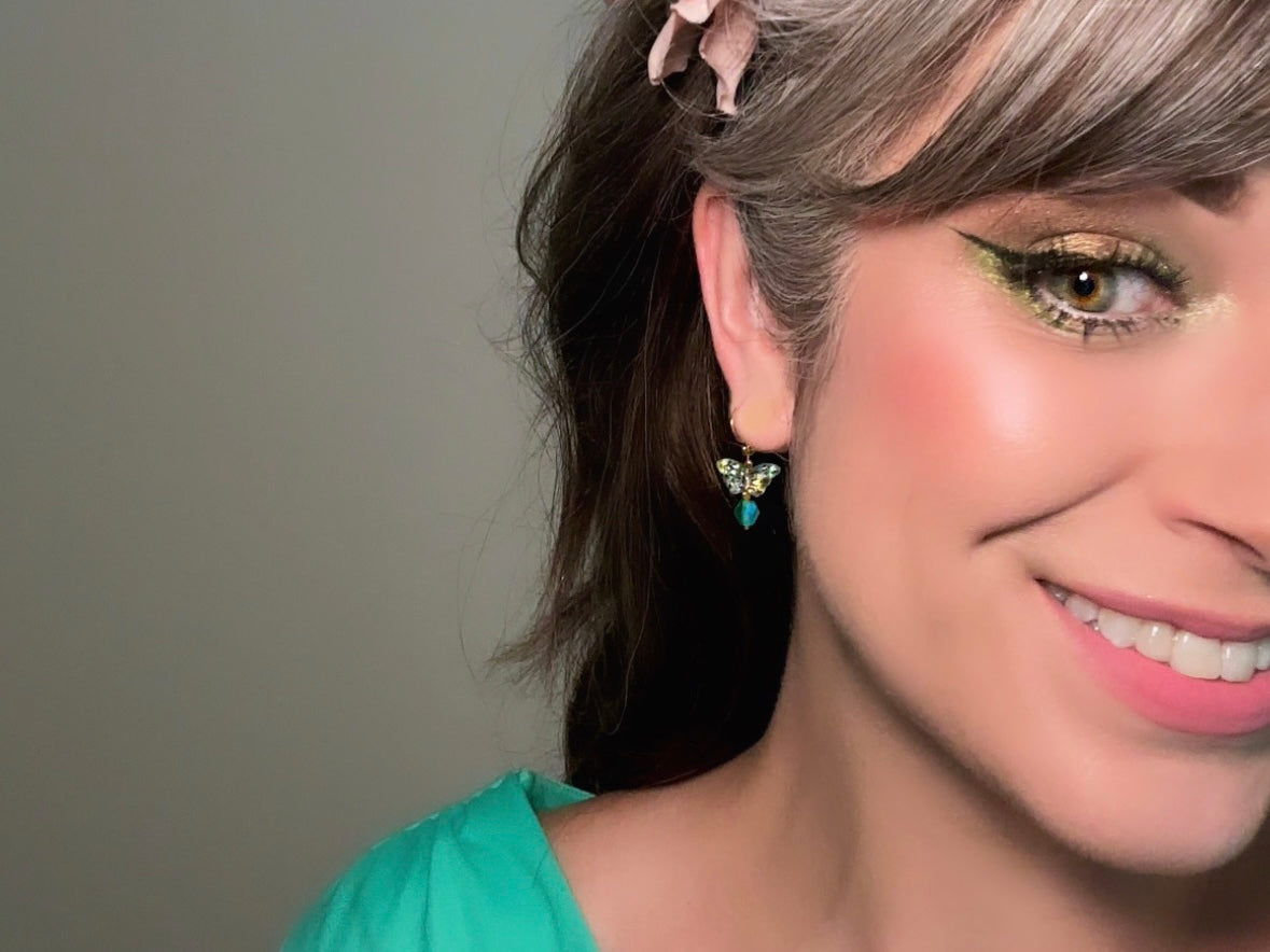 Blue Butterfly Earrings, Handmade Aqua Blue & Gilded Gold Dainty Dangle Earrings, 14kt Gold Delicate Gold Glass Whimsical Butterfly Earrings