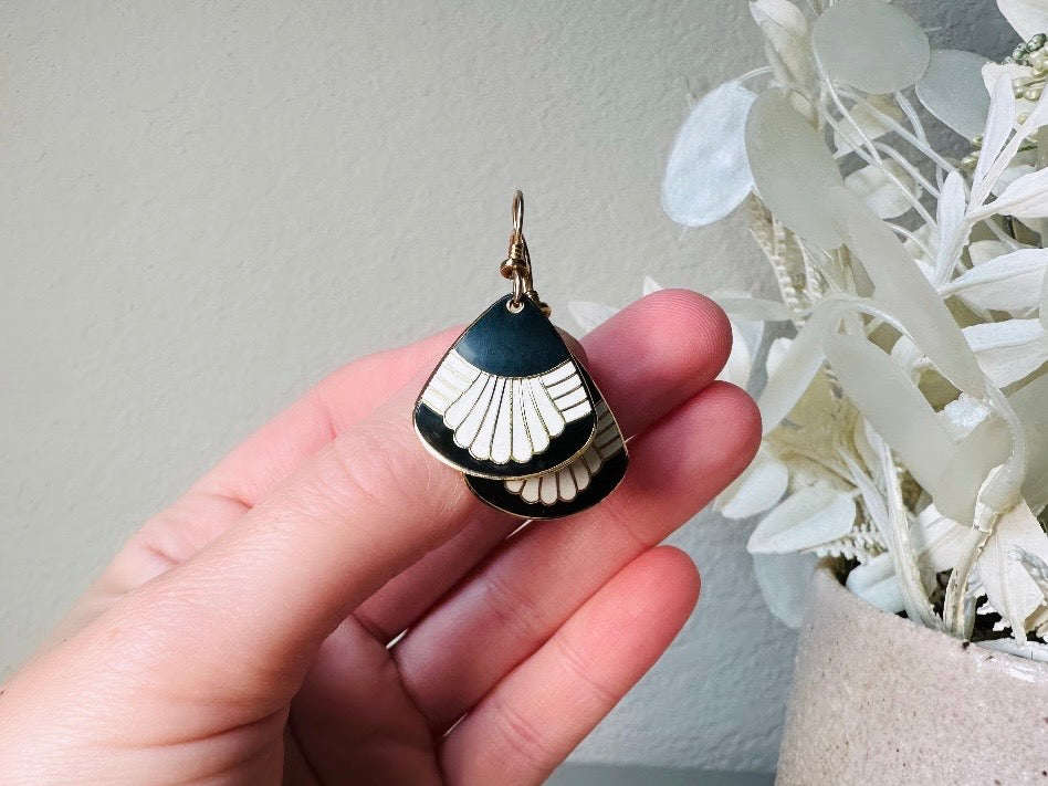 Laurel Burch Waterfall Earrings, Black and White Enamel Gold Plated 1980s Vintage Earrings, Cloisonne Dangle Earrings, French Ear Wires