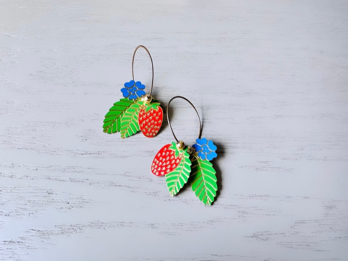 Berebi Strawberry Earrings, Cute Enamel Strawberry Earrings, Fun Fruit Earrings, Pierced Enamel Hoop Earrings, Colorful Retro Designer Hoops