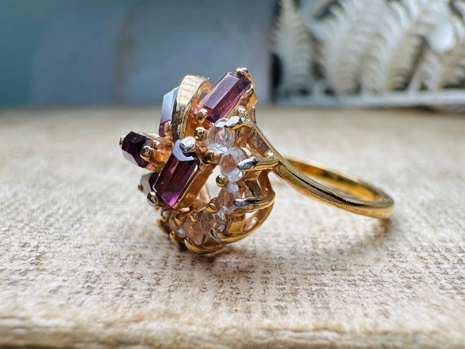 Vintage Cocktail Ring, Prong Set Plum Purple Baguette Stones in Wave with Clear Diamond Rhinestones, Gorgeous Gold Plated Cocktail Ring Sz 6