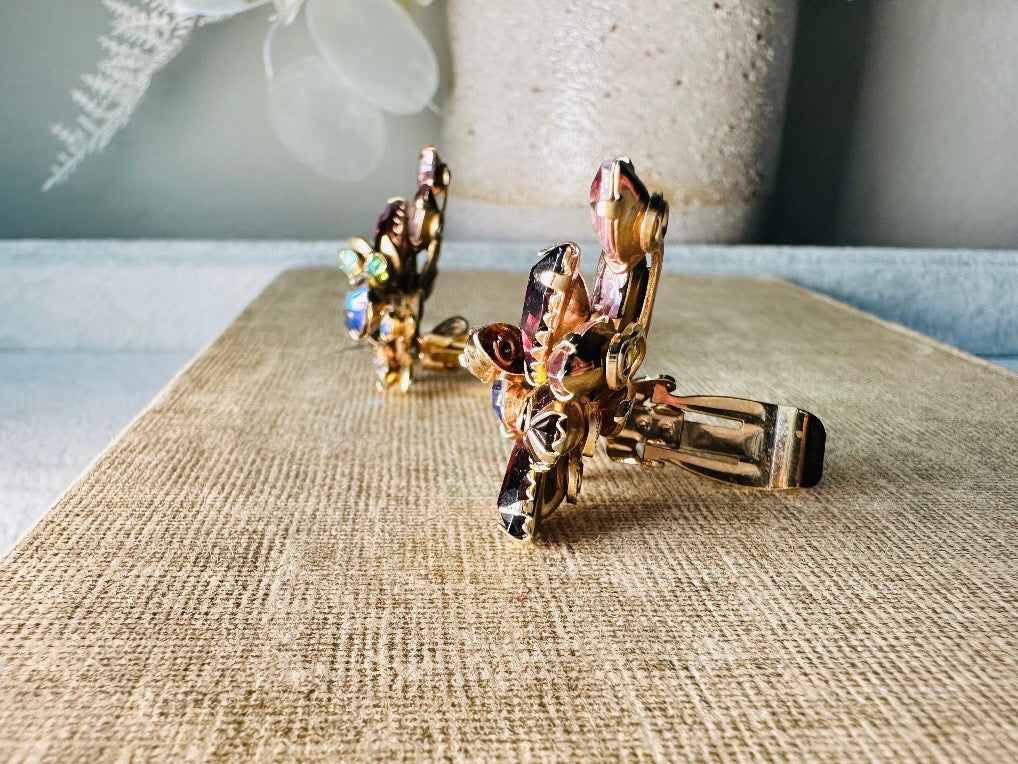 Vintage Rhinestone Earrings, Stunning Plum Pink and Green 1960s Cocktail Earrings, Sparkling Marquise Cut Amethyst Wing Statement Earrings