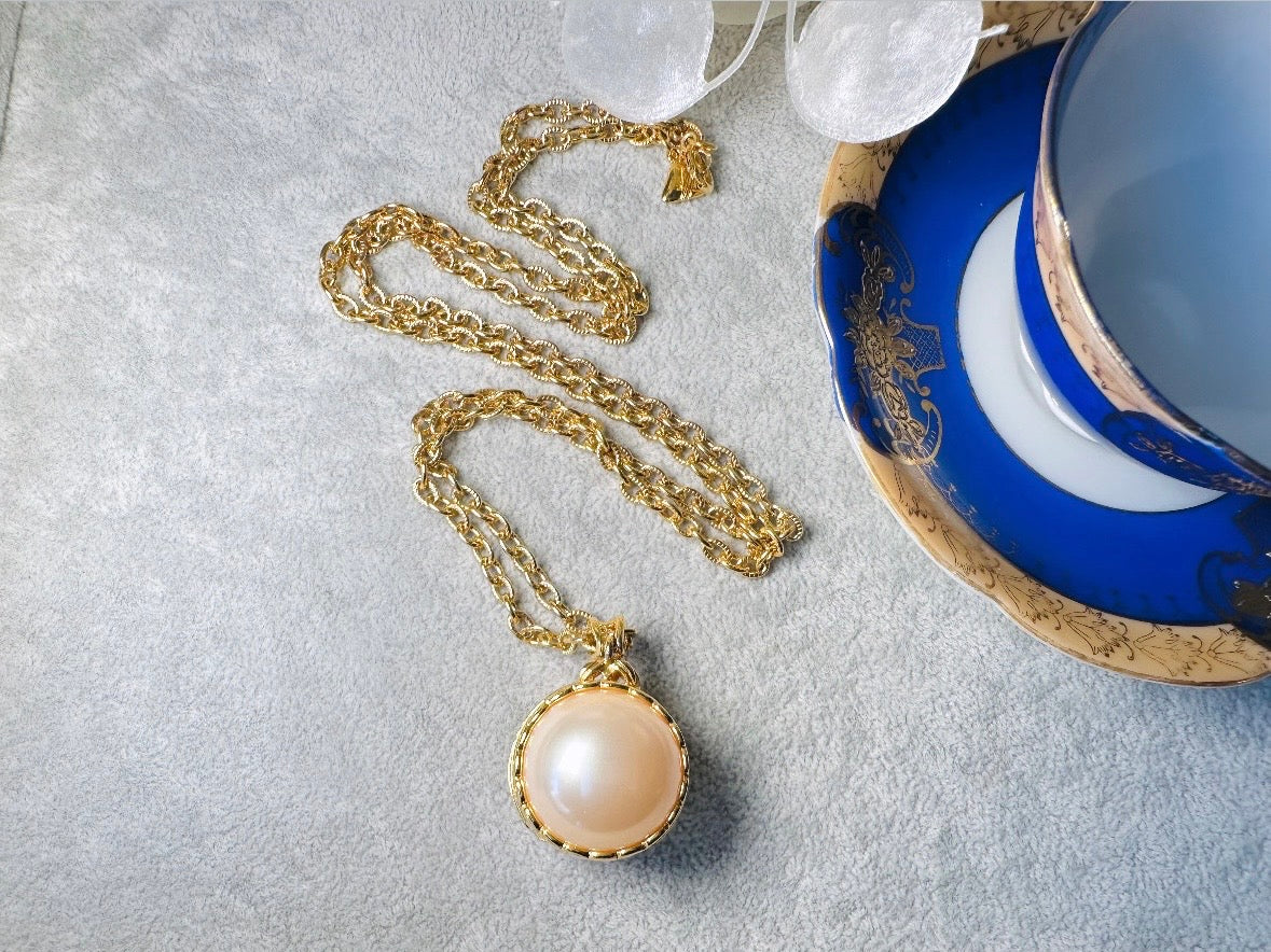 Pearl Locket Necklace, LCI Gold Locket Pearl Sphere Pendant Necklace, Long Gold Chain Vintage Liz Claiborne Pearl Locket Pendant