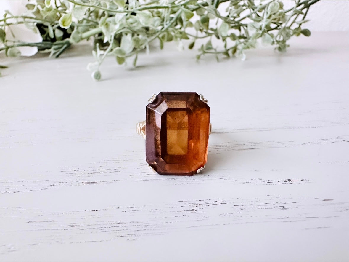 Vintage 70s Ring, Large Solitaire Topaz Rectangle Emerald Cut 1978 Smoky Lustre November Birthstone Cocktail Ring, Chunky Costume Jewelry
