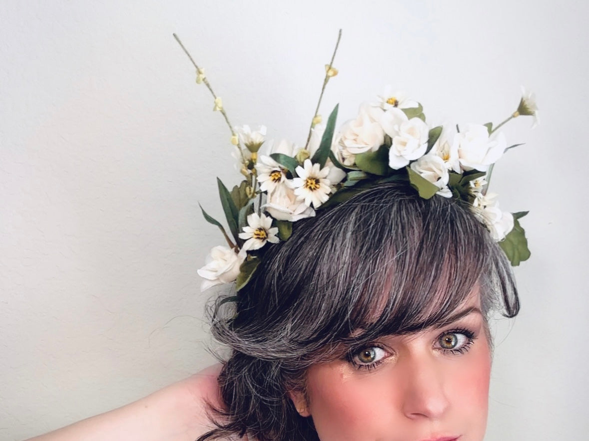 Ivory Flower Crown, Handmade Woodland Nymph Bridal Floral Hair Wreath, Cream Forest Queen Headpiece
