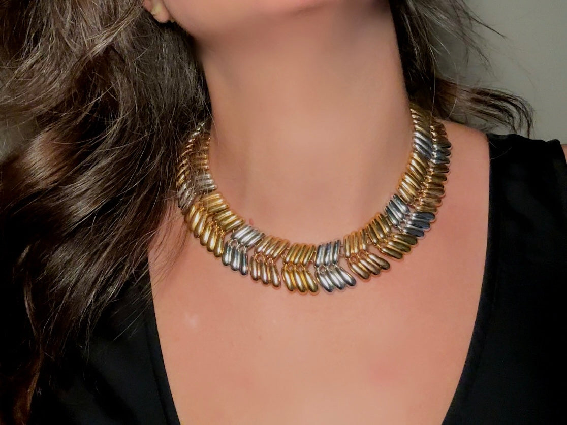 Vintage Monet Collar Necklace, Striking Tritone Cleopatra Choker in Gold, Silver + Copper, Chunky Herringbone Articulated Statement Necklace