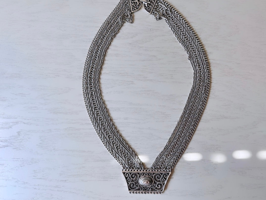 Multistrand Silver Vintage Statement Necklace, Unique Vintage Silver Chain Necklace with Scroll Rectangle Pendant, Layered Look Maximalist