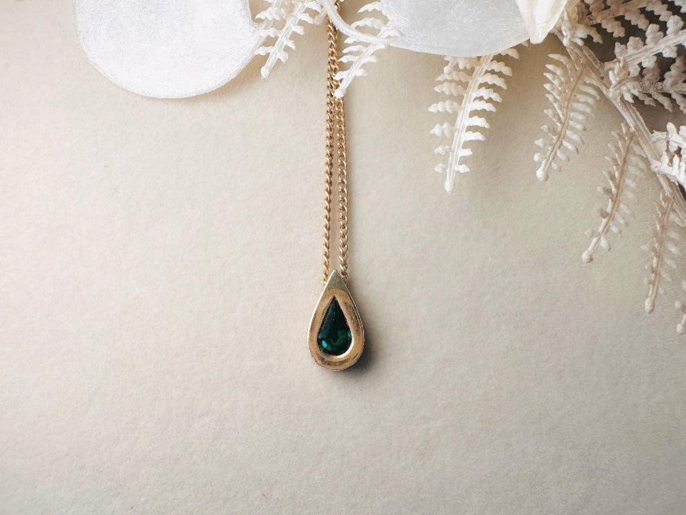Emerald Teardrop Necklace, Dainty Austrian Crystal Raindrop Necklace in Green and Gold