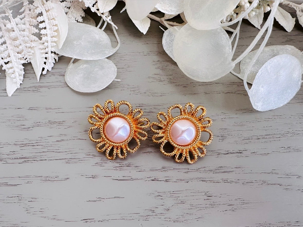 Vintage Blush Pearl Earrings, Gorgeous Pink Faux Pearl Cabochon & Burnished Gold Floral Clip On Earrings