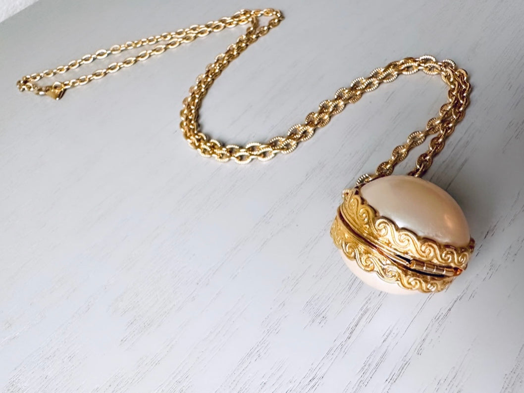Pearl Locket Necklace, LCI Gold Locket Ball Rare Pearl Sphere Pendant Necklace, Long Chain Vintage Liz Claiborne Faux Pearl Locket Pendant