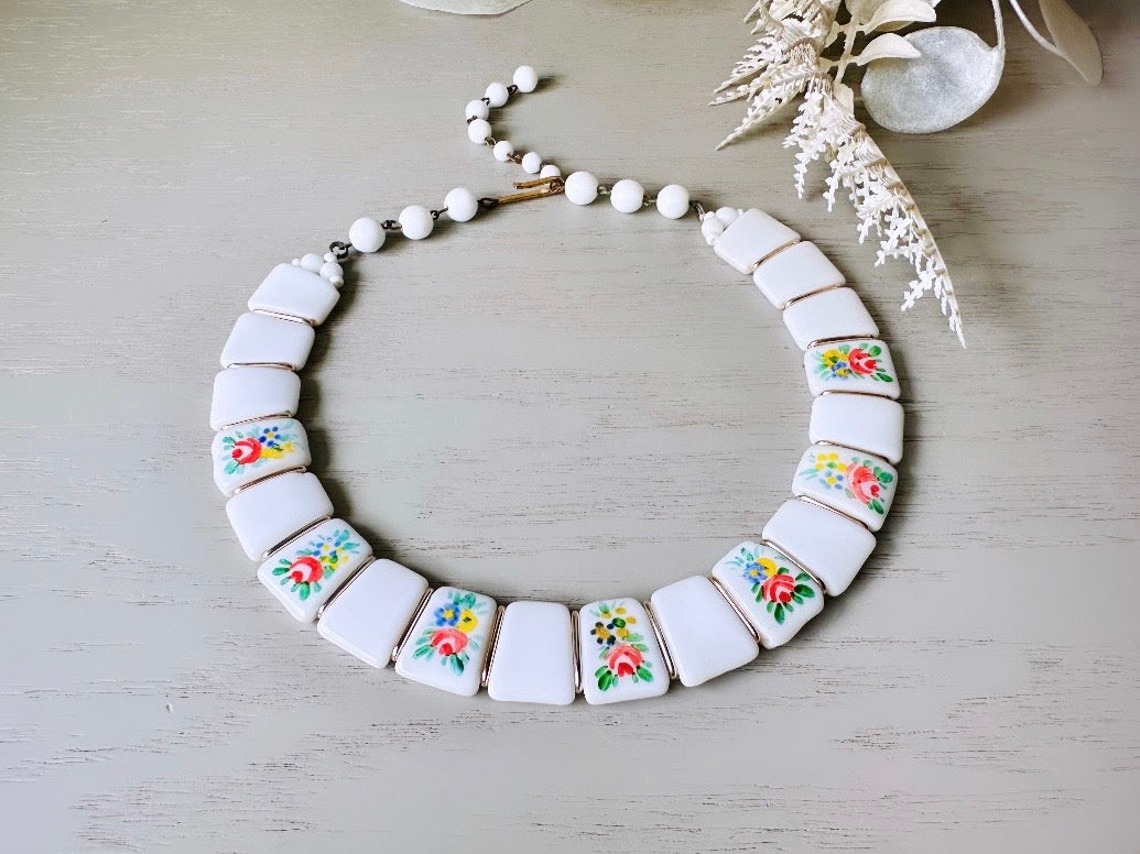 Repurposed vintage white selling glass collar necklace