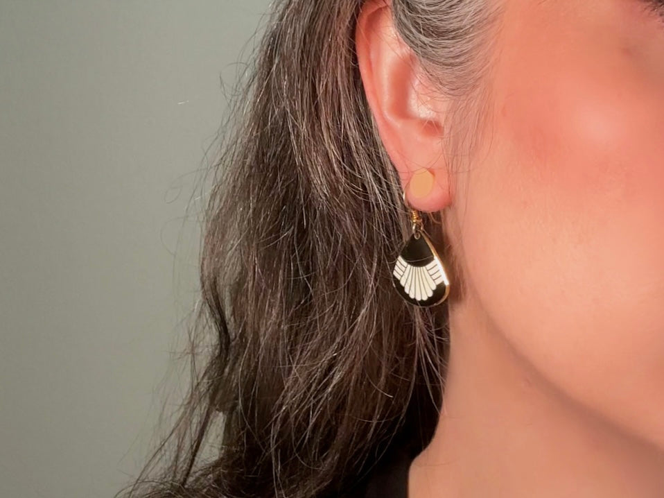 Laurel Burch Waterfall Earrings, Black and White Enamel Gold Plated 1980s Vintage Earrings, Cloisonne Dangle Earrings, French Ear Wires
