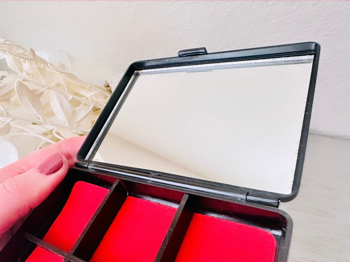 Vintage Jewelry Box, Mini Flower Travel Trinket Box, Black Laquer Plastic Floral Jewelry Box with Red Felt Dividers and Mirror, from 1984