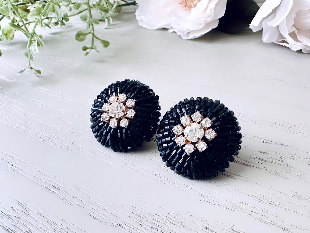 1960s Mod Vintage Beaded Statement Earrings, Black and Rhinestone Glam Clip Earrings, Rare 1960s Earrings, Retro Authentic 60s Mod Earrings