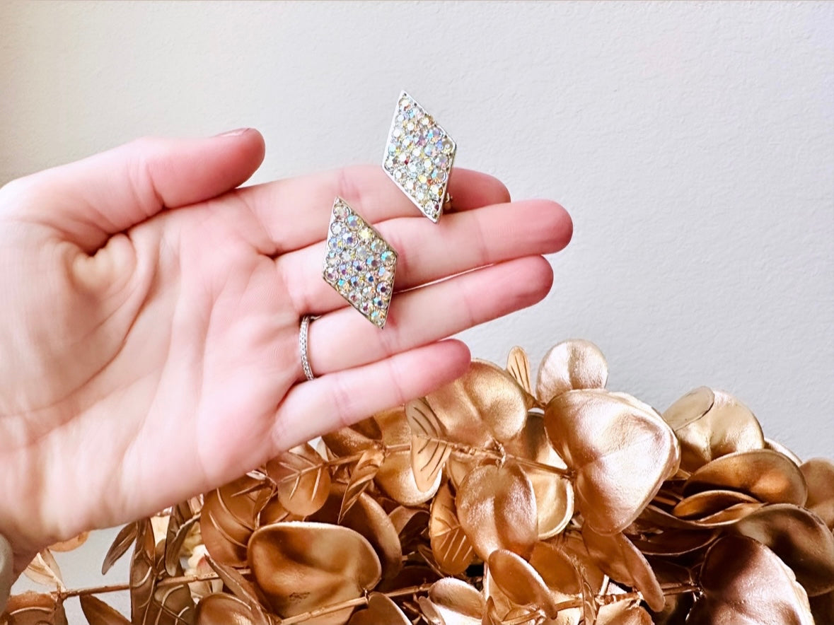 Vintage Pave Set Rhinestone Earrings, Gorgeous Sparkling Emmons Diamond Shape AB Rhinestone Clip On Earrings, Signed Cocktail Earrings