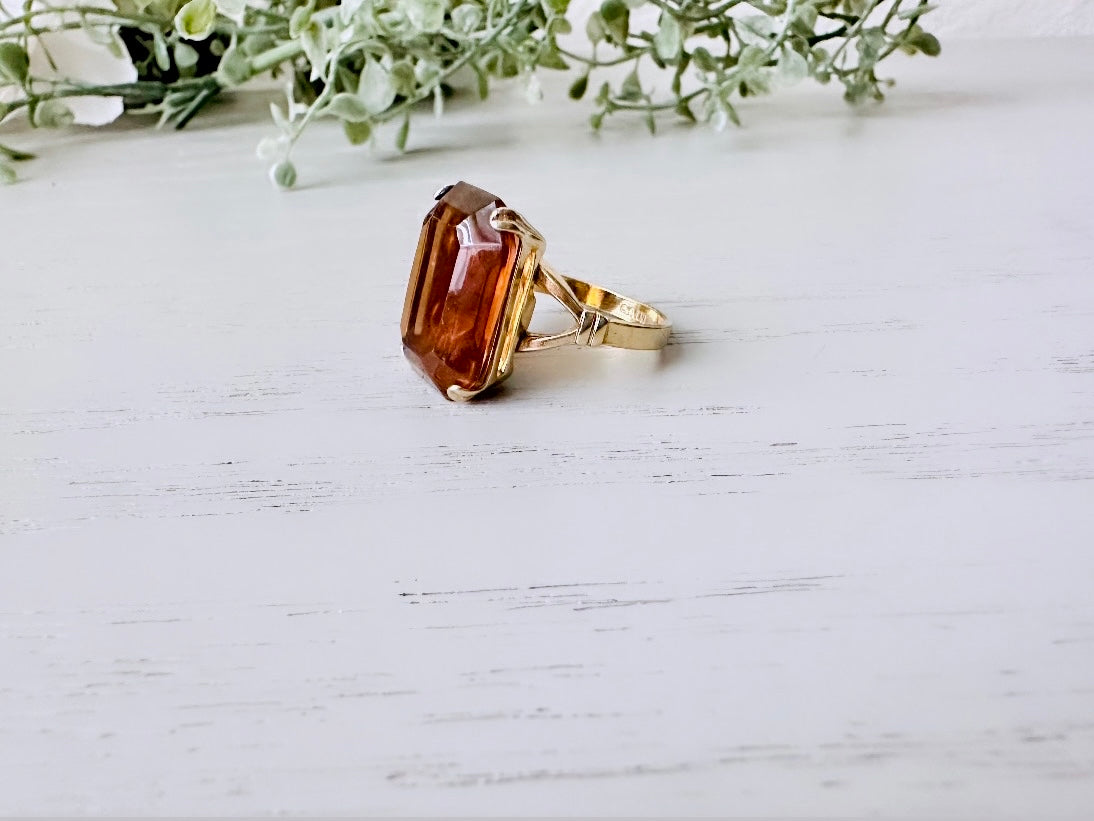 Vintage 70s Ring, Large Solitaire Topaz Rectangle Emerald Cut 1978 Smoky Lustre November Birthstone Cocktail Ring, Chunky Costume Jewelry