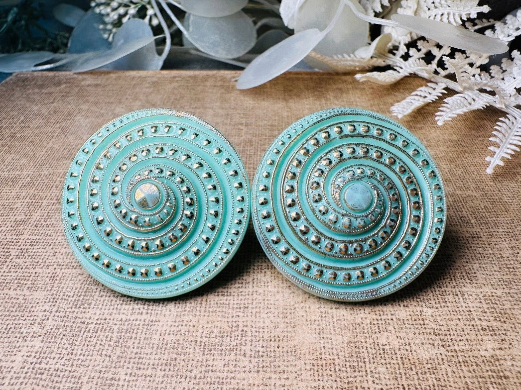 Vintage Mint Glass Earrings, Incredibly Unique Gold Spiral Disc Clip Ons, Seafoam Green Oversized Art Deco Vintage Statement Earrings