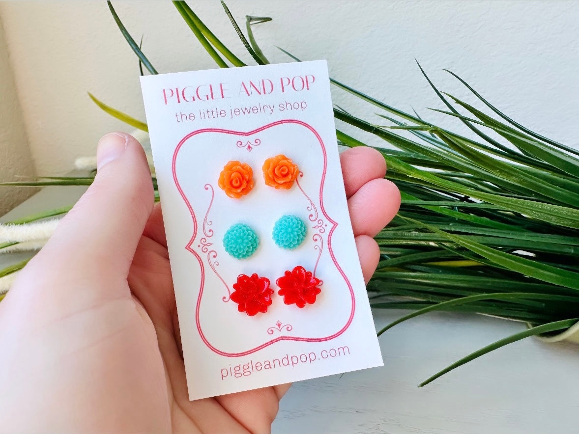Flower Earring Stud Set, Flower Stud Earrings, Orange Rose Earrings, Aqua Dahlia Studs, Red Lotus Earrings, Hypoallergenic Surgical Steel FSE3
