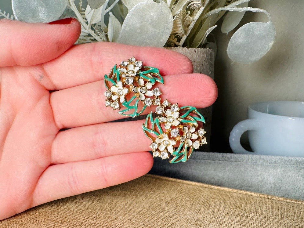Vintage Enamel Flower Earrings, 1940s Charel Gold Floral Earrings w Green & Cream Painted Flower Clusters, Clip On Designer Signed Earrings