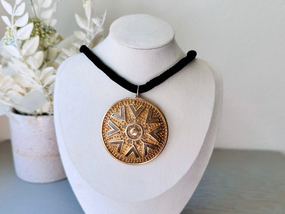 Black Velvet Choker Necklace with Gold Sunburst Pendant, Dramatic 1960's Choker with Lisner Huge Gold Medallion, Soft Velvet Rope Necklace