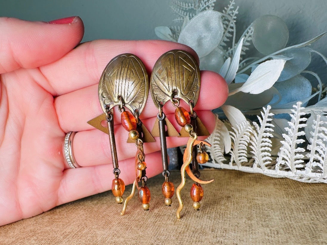 Vintage Moon Earrings, 1980s Runway Brutalist Distressed Earrings, with Amber Glass and Bronze Charms, Dangling Boho Earrings