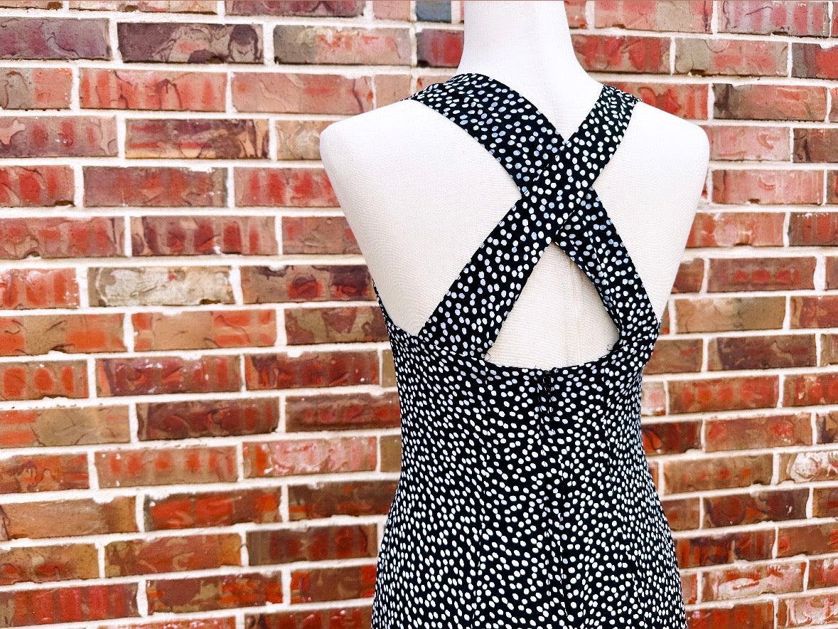 Vintage 1990s Dress, Black + White Polkadot 90s Sundress Effortlessly Cool Rabbit Jr Maxi Dress with Slit, Sweetheart Neckline, Cross Back