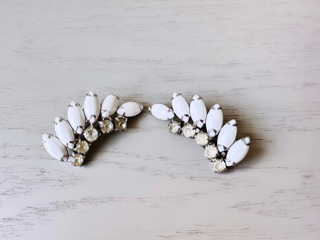 Vintage Milk Glass Earrings, 1960s Dramatic Rhinestone Clip-on Earring, Prong Set Vintage Crawler Earrings, Stunning Elegant Bridal Earrings