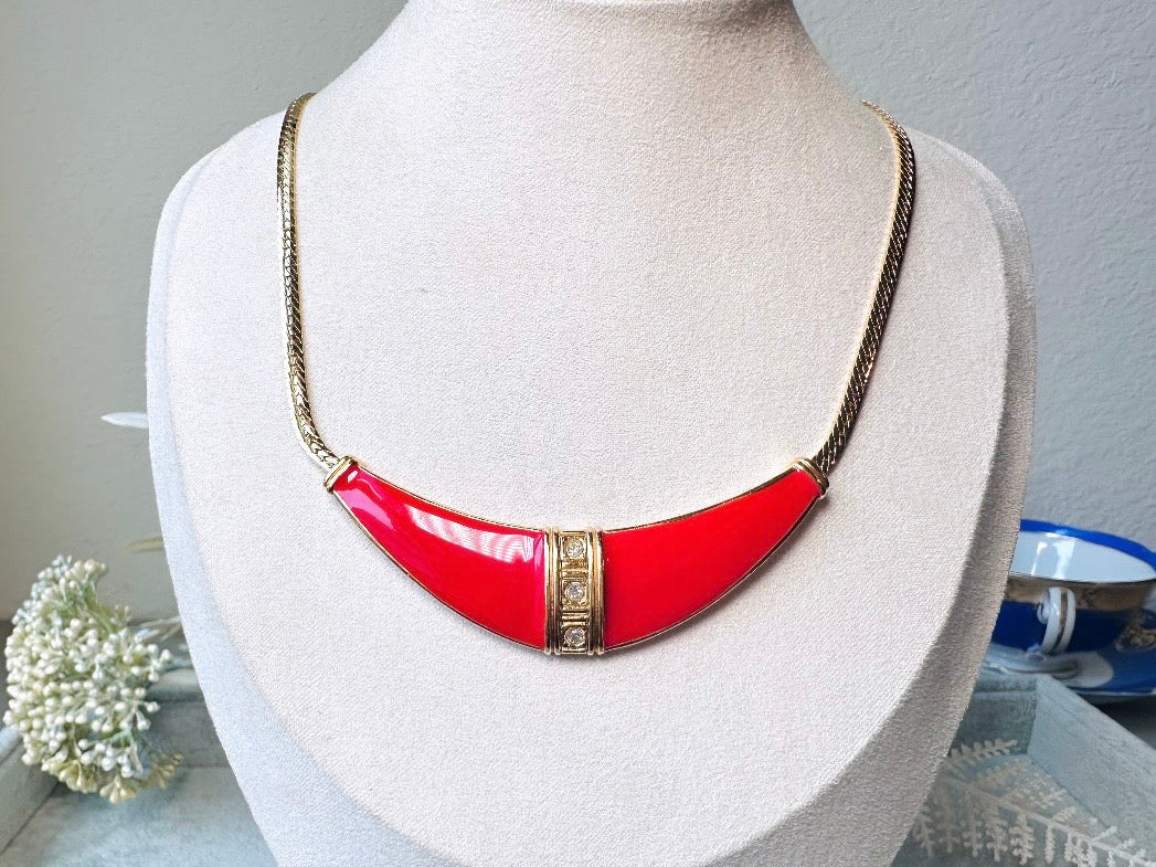 Red Vintage Necklace, Stunning Gold Collar Necklace with Bright Red Enamel Crescent Bar Pendant, 80s Etruscan Necklace w Rhinestone Details