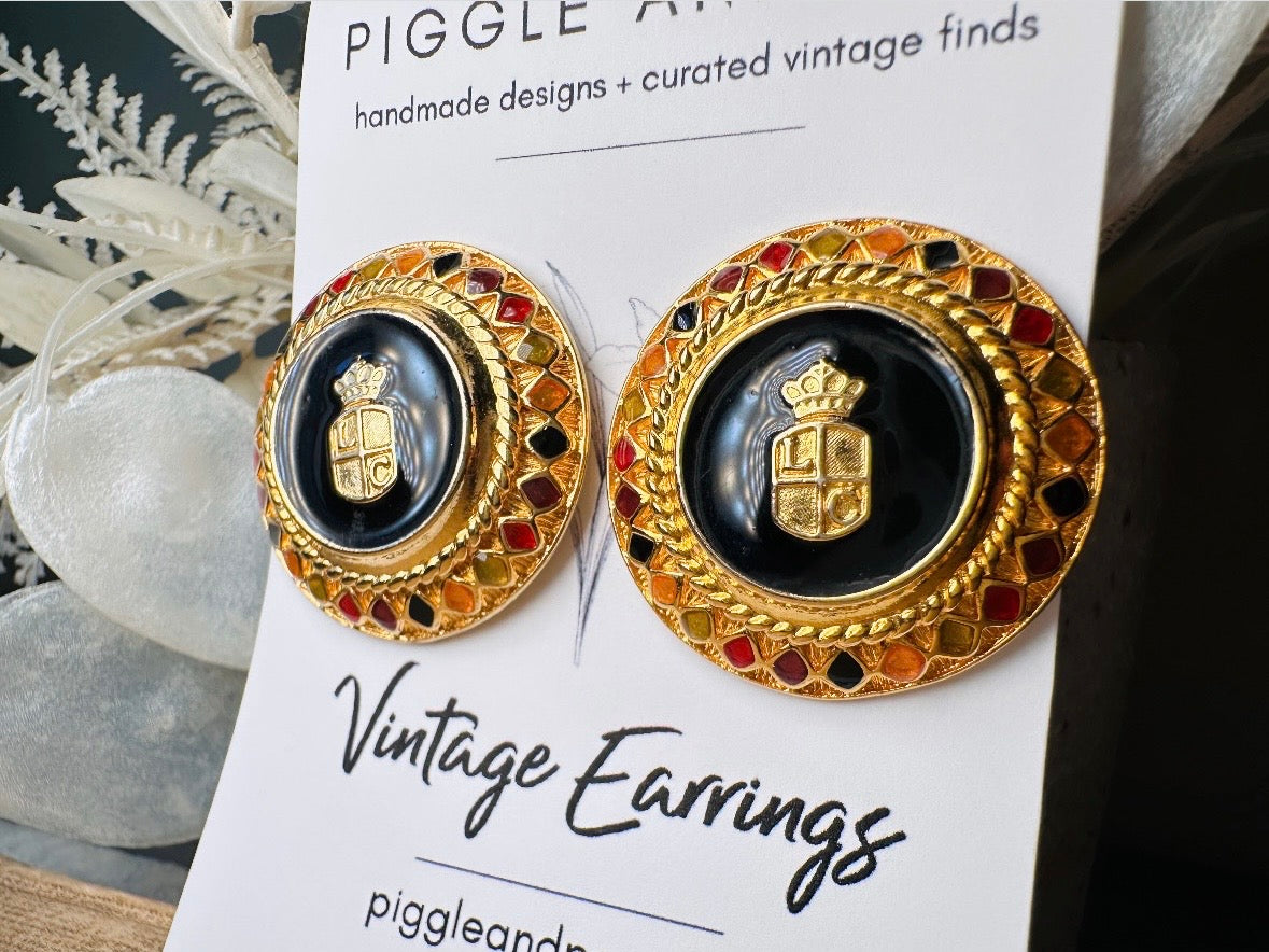 Etruscan Gold Vintage Liz Claiborne Clip On Earrings with Jeweltone Border, 1980s Classic Gold Earrings, Oversized Black Medallion Crest Non-Pierced