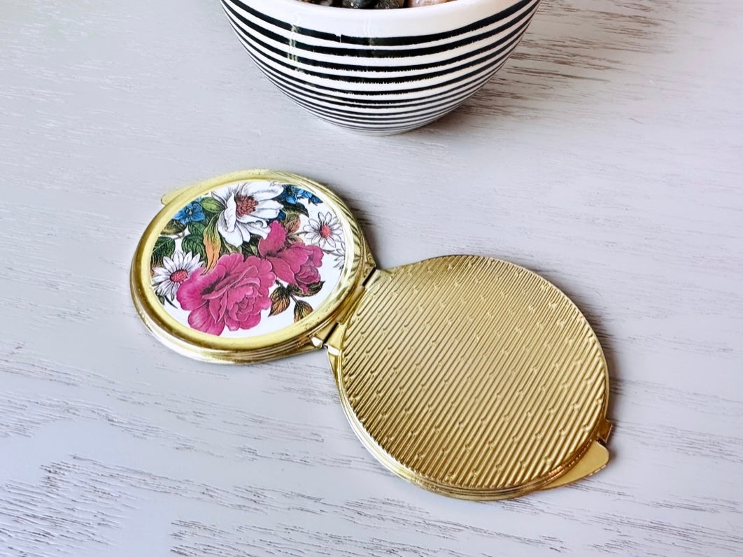 Vintage Flower Compact Mirror, Gold Vintage 1970’s Rose Pocket Mirror, Vtg 70s Colorful Floral Makeup Mirror, Pretty Flip Mirror