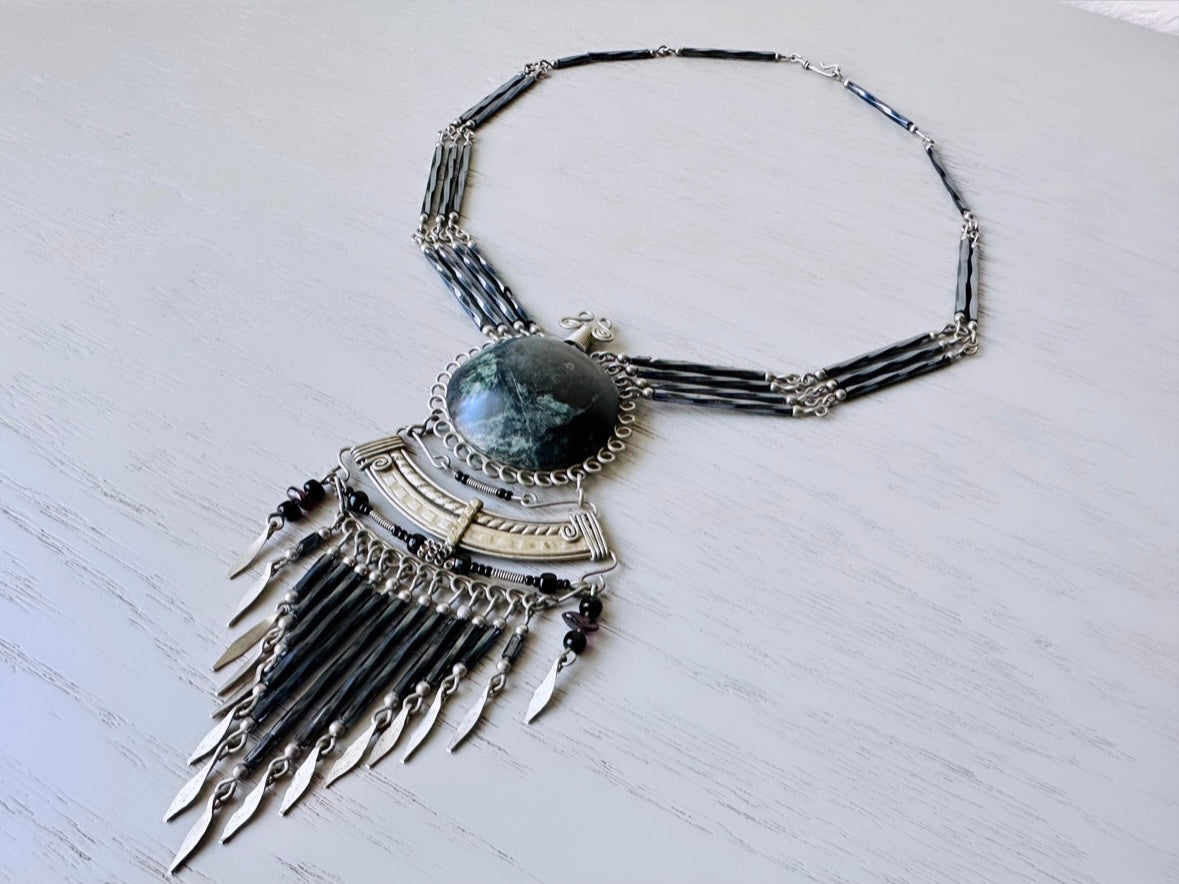Vintage Peruvian Wire Work Necklace, Bohemian Metal Fringe Silver Grey Stone Necklace, Dramatic Boho Pendant Necklace