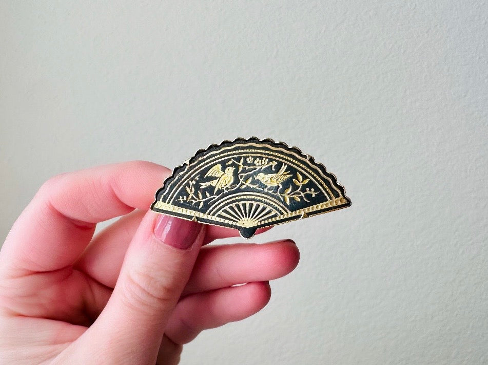 Vintage Damascene Brooch, Black and Gold Floral Bird Pin, Etched Gold on Matte Black Intricate Fan Brooch