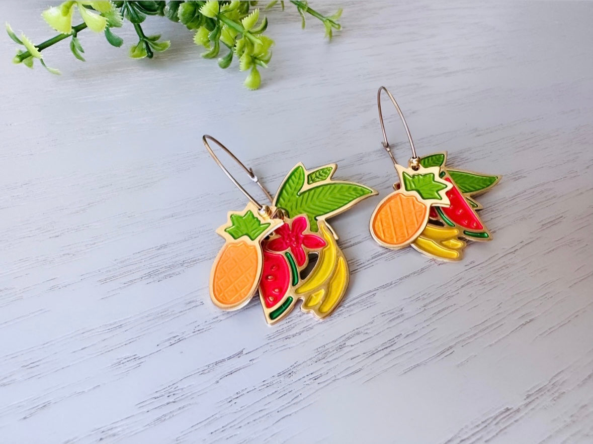 Berebi Fruit Earrings, Vintage Pineapple Watermelon Banana Earrings, Fun Fruit Salad Earrings, Pierced Enamel Hoop Earrings, Colorful Retro Kitsch Earrings