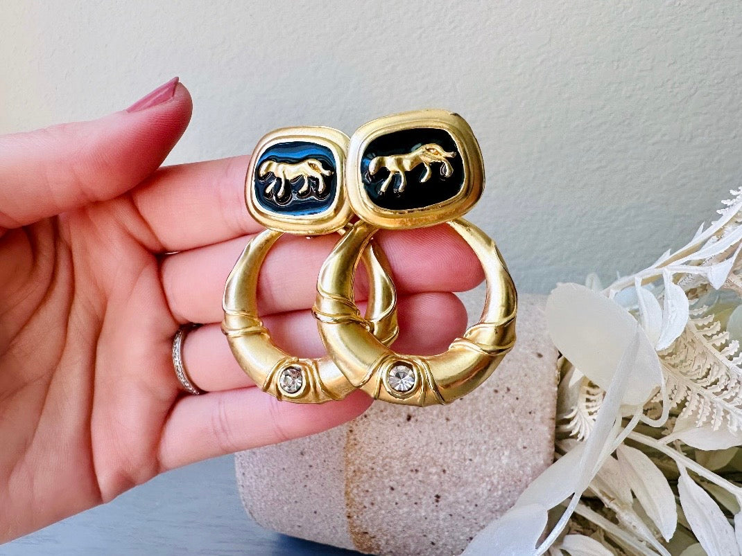 Vintage Panther Earrings, Black Enamel Rhinestone Convertible Earrings, Fantastic 1980s Matte Gold Hoop Earrings, 1980s VTG Clip On Earrings