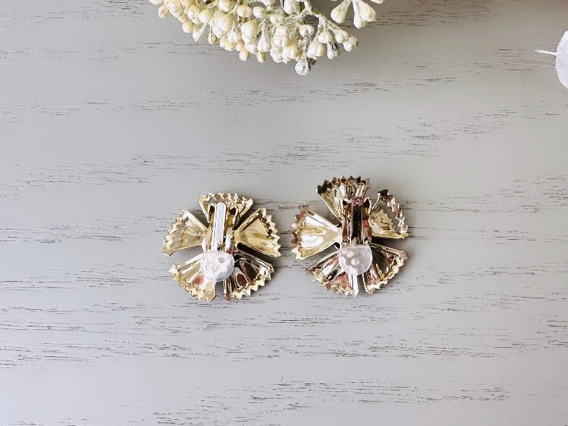 Gold Flower Earrings, Romantic Vintage 1960s Clip On Earrings, Light Gold 3D Layered Metal Petal Nonpierced MCM 60's Clip Earrings