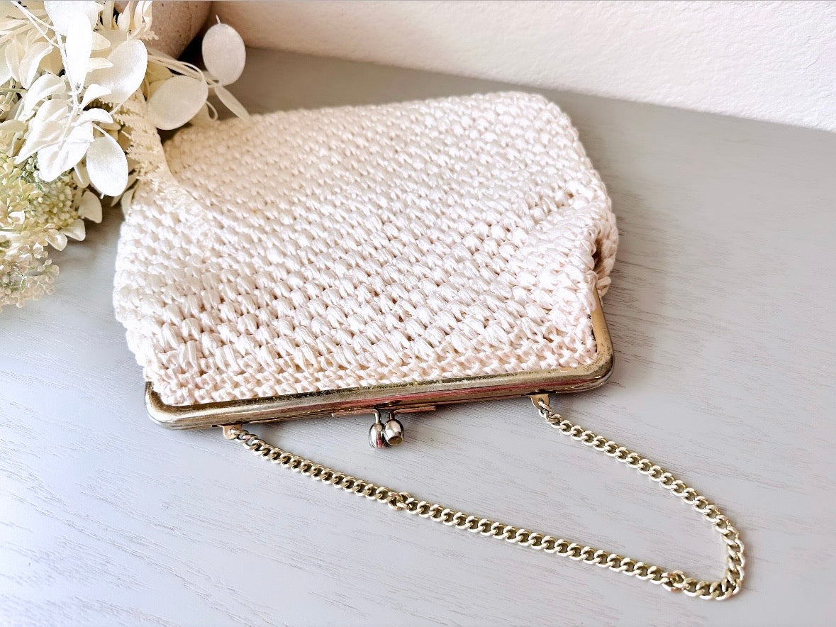 Cream Raffia Handbag, 1960s Clutch Purse, Made in Japan Vintage Bara Bag w Wrist Strap, Cute Vintage Purse, Shiny Ecru Woven Straw Handbag