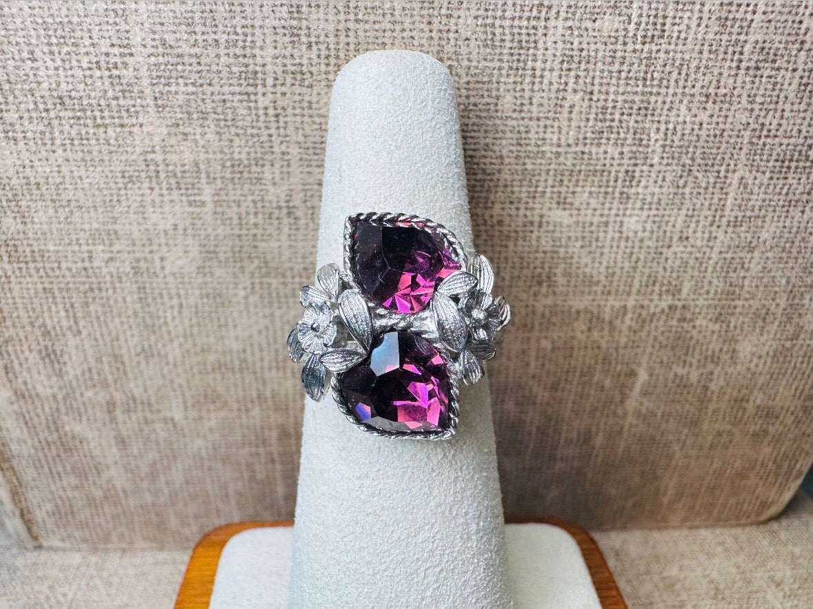Vintage Heart Cocktail Ring, February Birthstone Purple Heart Ring, 1973 Amethyst and Silver Flowers Double Heart Love Story Sarah Coventry