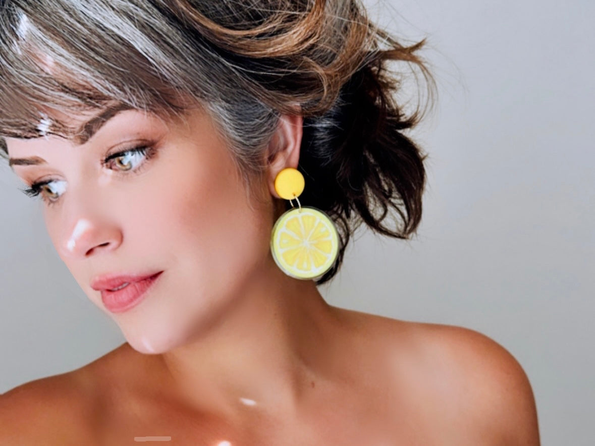 Bright Yellow Lemon Earrings, 1993 Tooty Fruity Summer Fruit Earrings, Vintage Acrylic Earrings, Big 90s Does 60s Retro Lemon Slice Earring