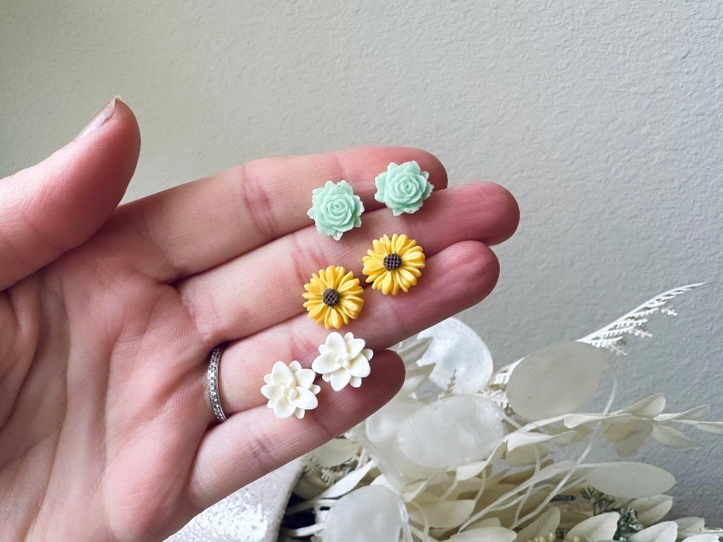 Spring Flower Earrings Gift Set, Yellow Gerber Daisy, Cream Lotus, Mint Rose, Cute Country Floral Hypoallergenic Surgical Steel Stud Earring
