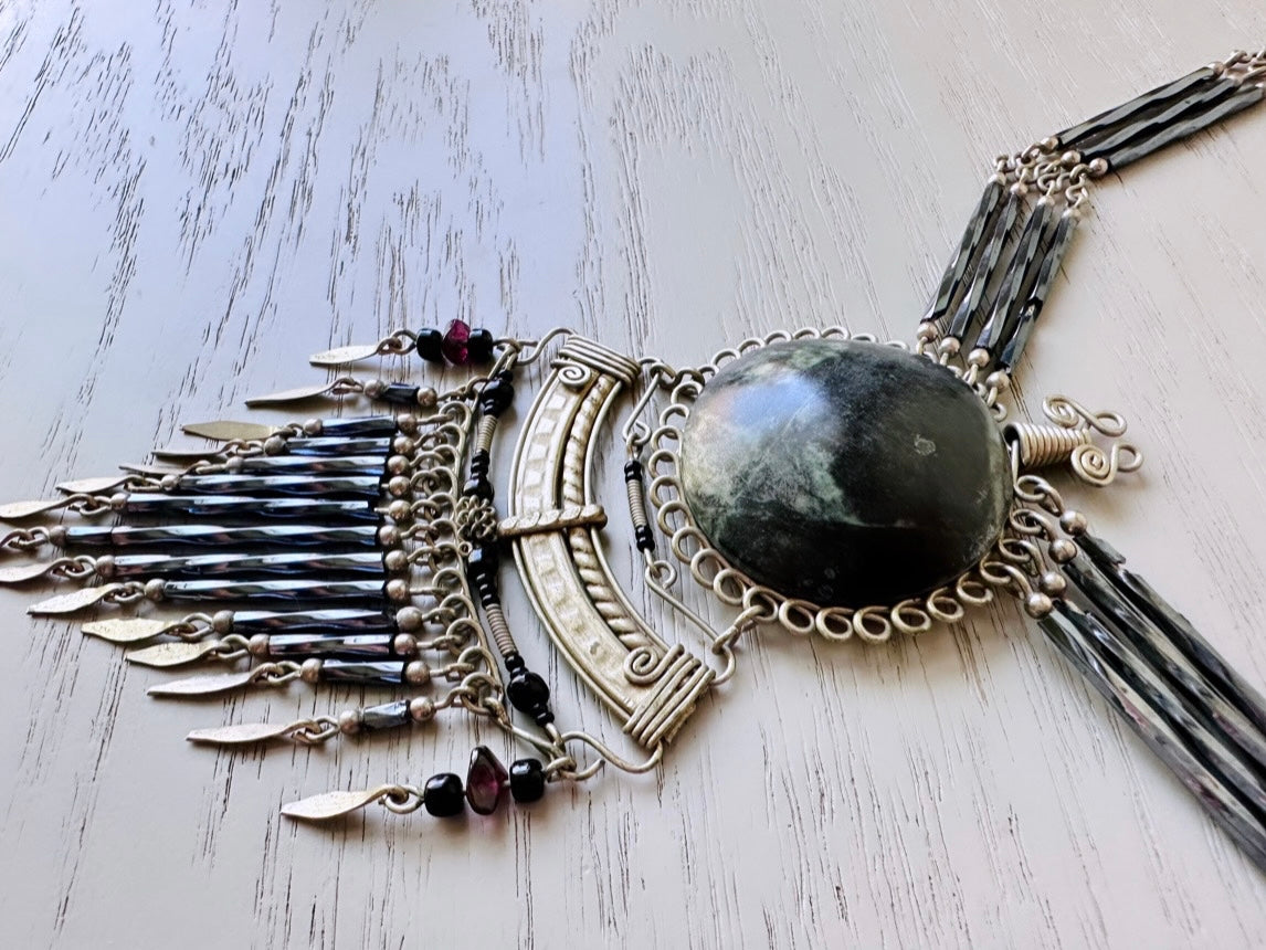 Vintage Peruvian Wire Work Necklace, Bohemian Metal Fringe Silver Grey Stone Necklace, Dramatic Boho Pendant Necklace