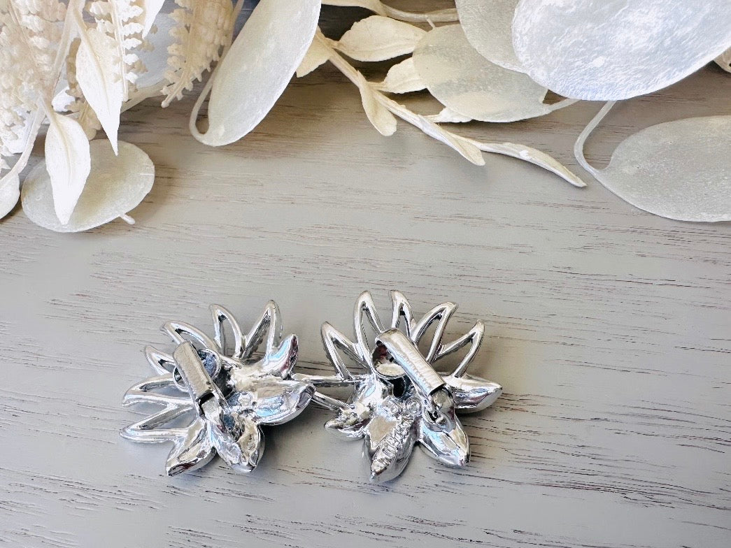 Silver Flower Earrings, 1969 Silver Demi Flower Earrings, Openwork Clip On Earrings, Pretty 1960s Retro Mod Earrings, SIGNED SC