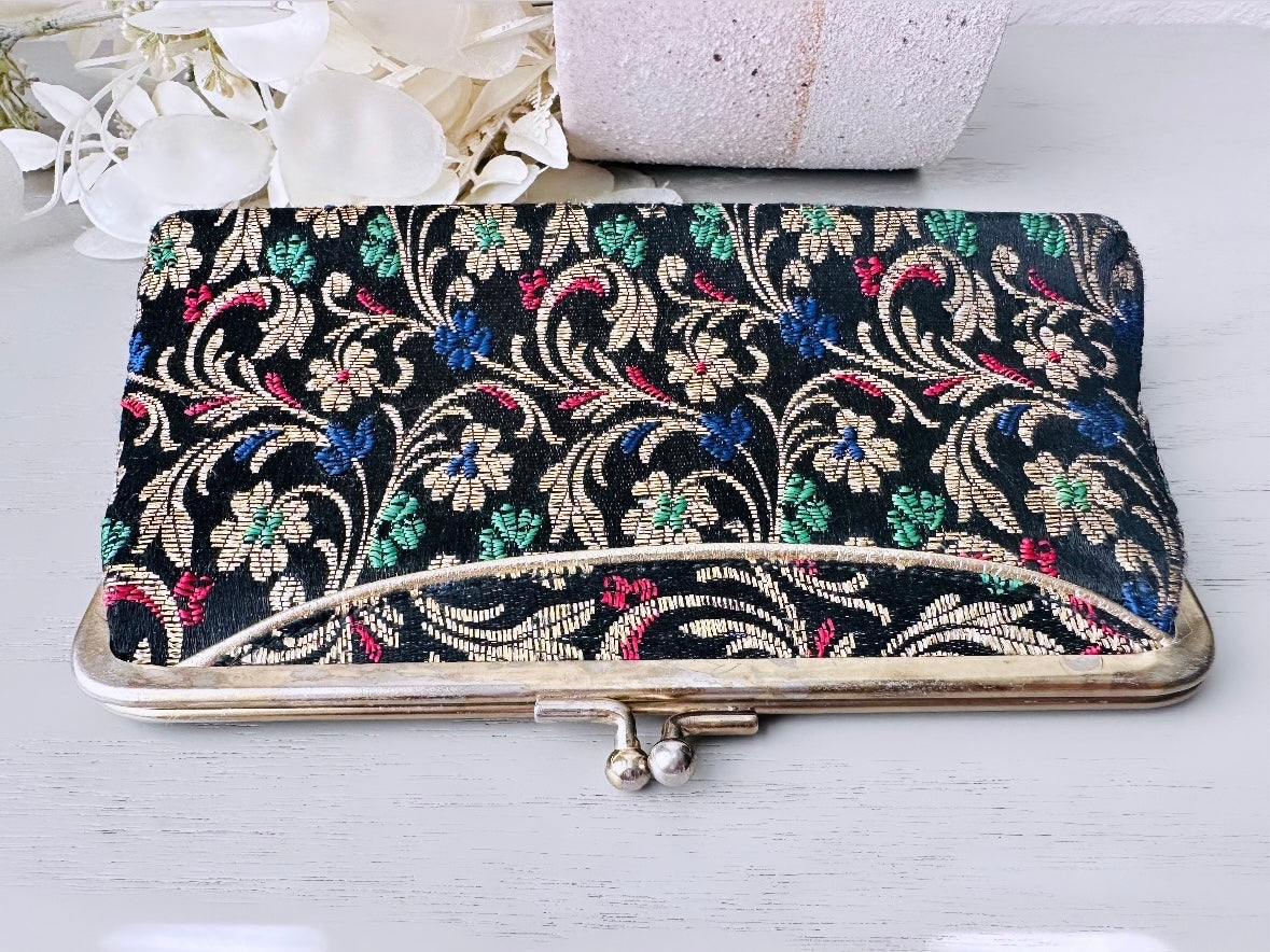 Black Vintage Clutch with Metallic Gold, Red, Green and Blue Emboidery, Floral Handbag Purse, Retro Mid Century Flower Chic Evening Purse