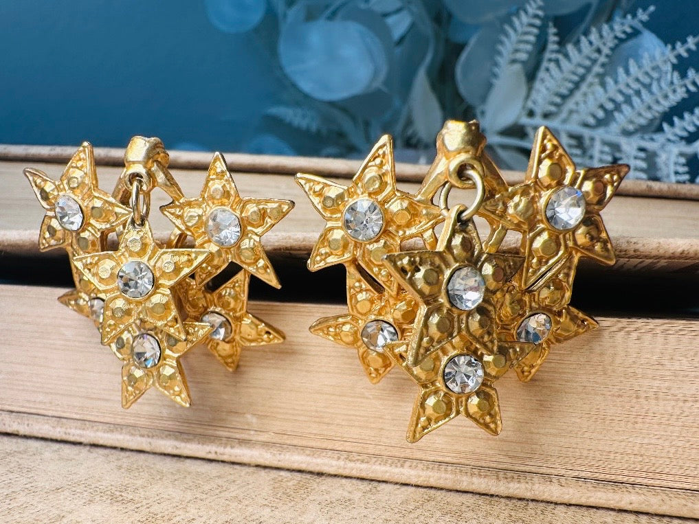 Vintage Star Earrings, Dimensional Gold and Rhinestone Statement Earrings, Unique Celestial Dangle Earrings, Star Charm Clip Ons