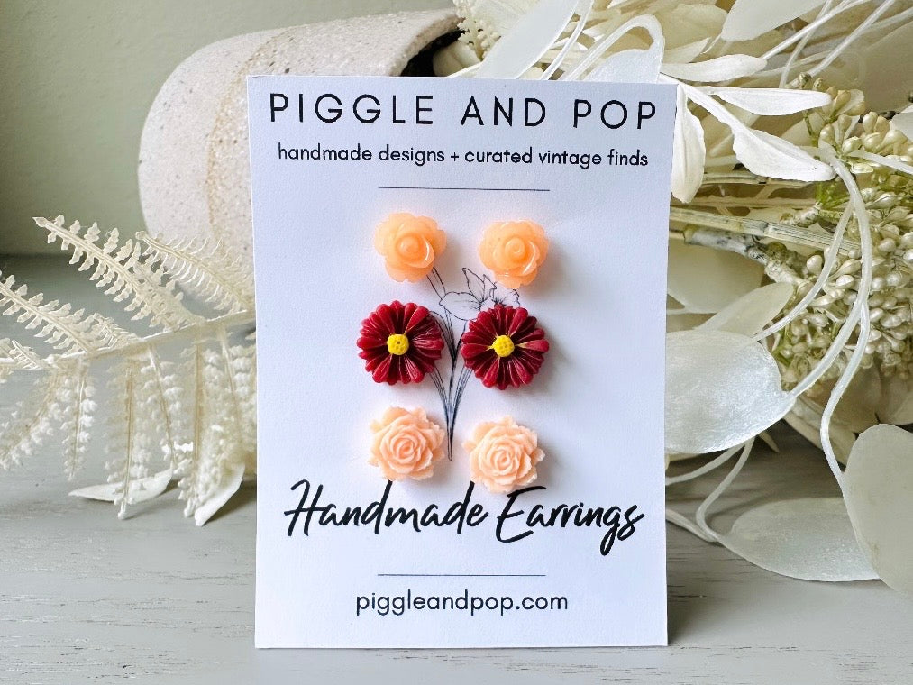 Flower Earrings Gift Set, Juicy Melon Rose, Deep Red Gerber Daisy, Summer Peach Rose, Cute Floral Hypoallergenic Post Earrings for Girls