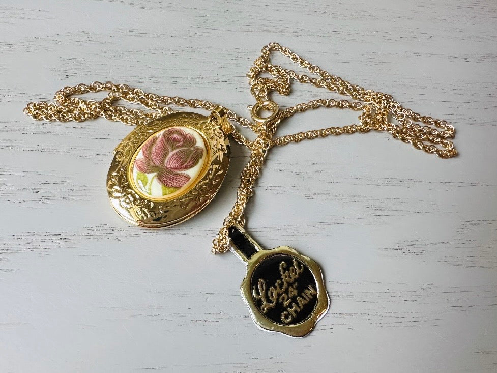 Flower Locket Necklace, Vintage Gold Chain with Plum Rose Cameo,
