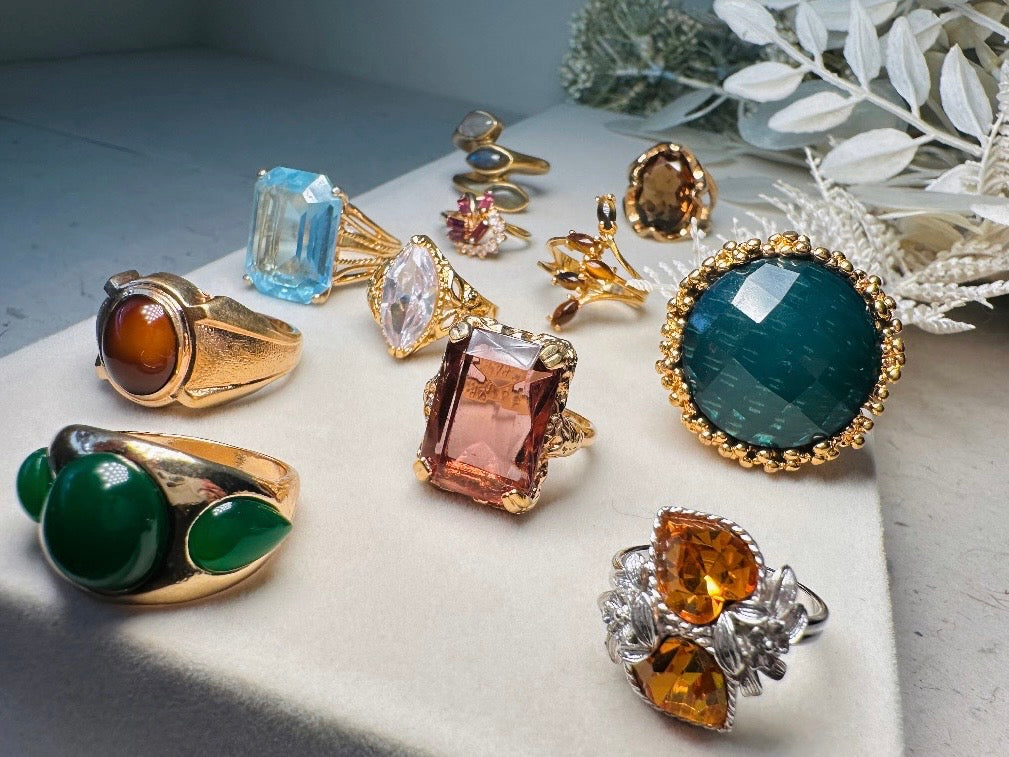 Vintage Green Cocktail Ring, Chunky Gold Ring with Three Bright Jade Cabochons, Stunning Large Statement Ring Size 9