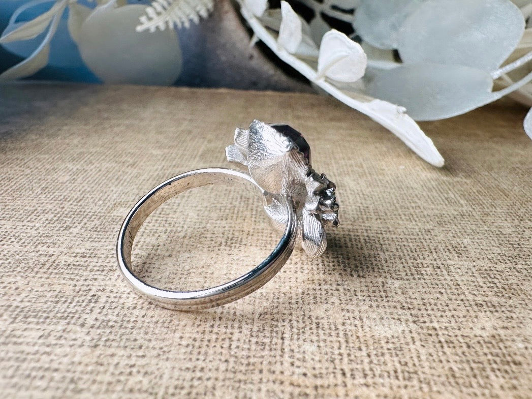 Vintage Heart Cocktail Ring, February Birthstone Purple Heart Ring, 1973 Amethyst and Silver Flowers Double Heart Love Story Sarah Coventry