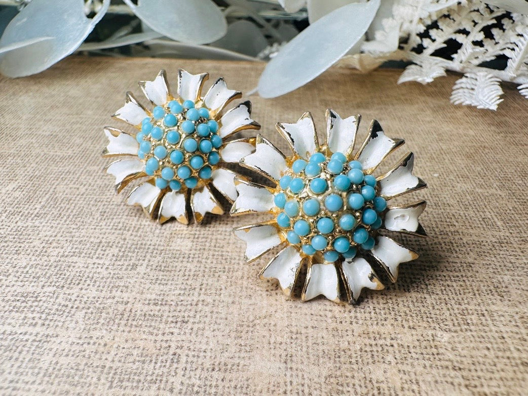 Vintage WEISS Earrings, Gold Tone Cream Enamel Flower Earrings with Tiffany Blue Beaded Centers, Designer Vintage Floral Clip On Earrings