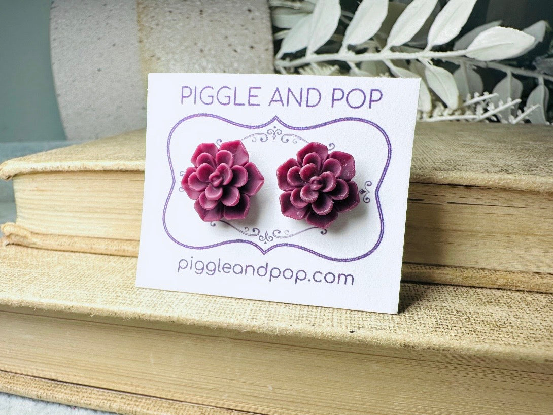 Wine Flower Earrings, Matte Succulent Earrings, 13mm Hypoallergenic Post Earrings, Boho Floral For Everyday Wear Earrings