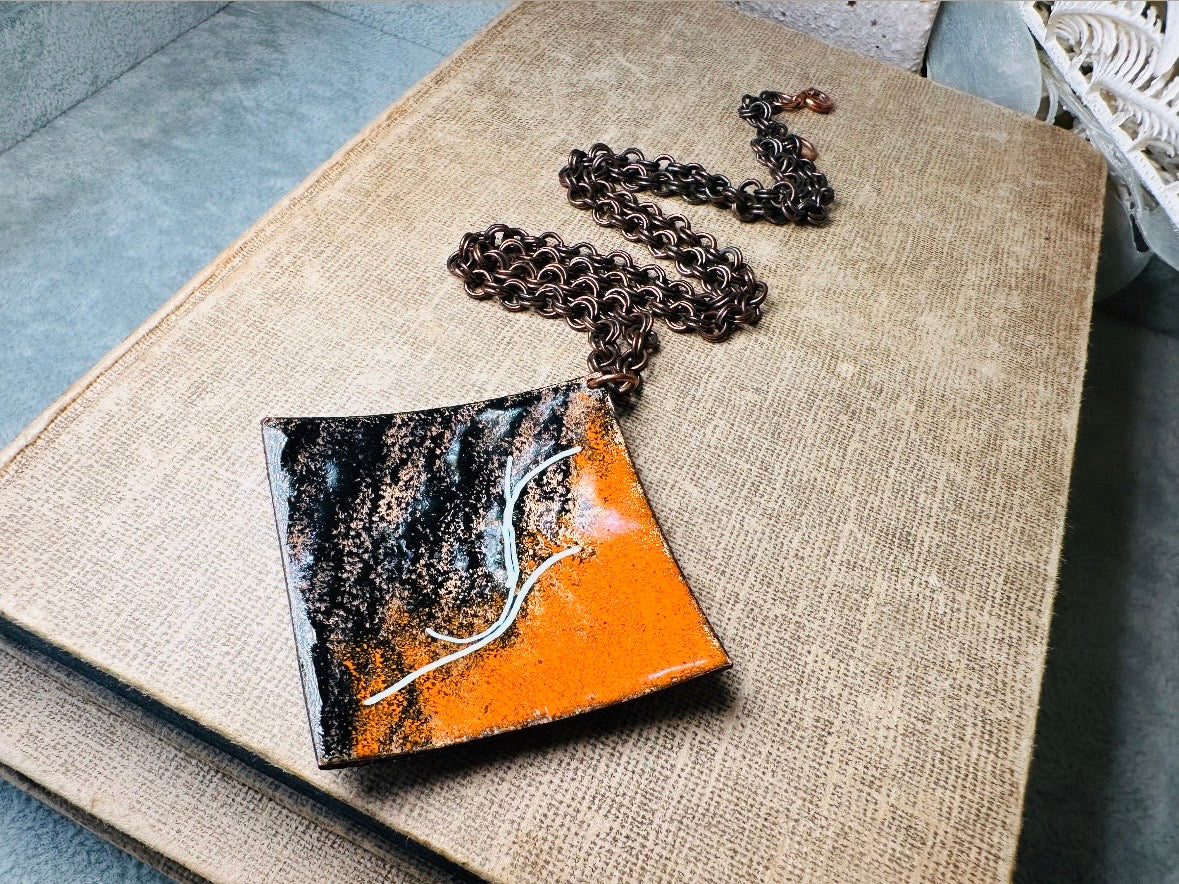 Vintage Pendant Necklace, Copper Artisan Necklace with Orange Black and White Enamel, 18" Chain Funky Abstract Retro Necklace