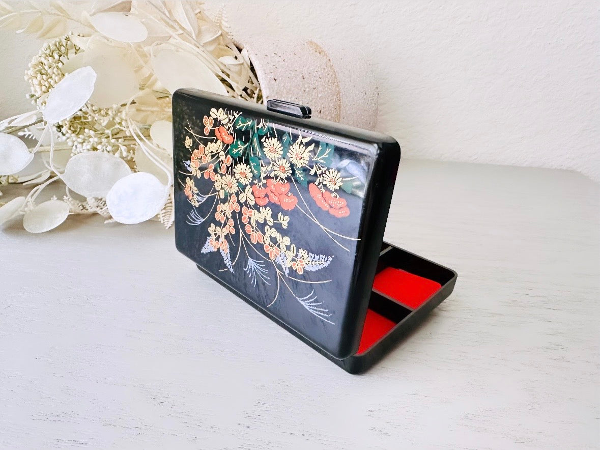 Vintage Jewelry Box, Mini Flower Travel Trinket Box, Black Laquer Plastic Floral Jewelry Box with Red Felt Dividers and Mirror, from 1984